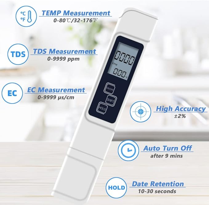 3-in-1 TDS, EC & Temperature Meter – Accurate Water Quality Tester