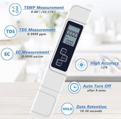 3-in-1 TDS, EC & Temperature Meter – Accurate Water Quality Tester